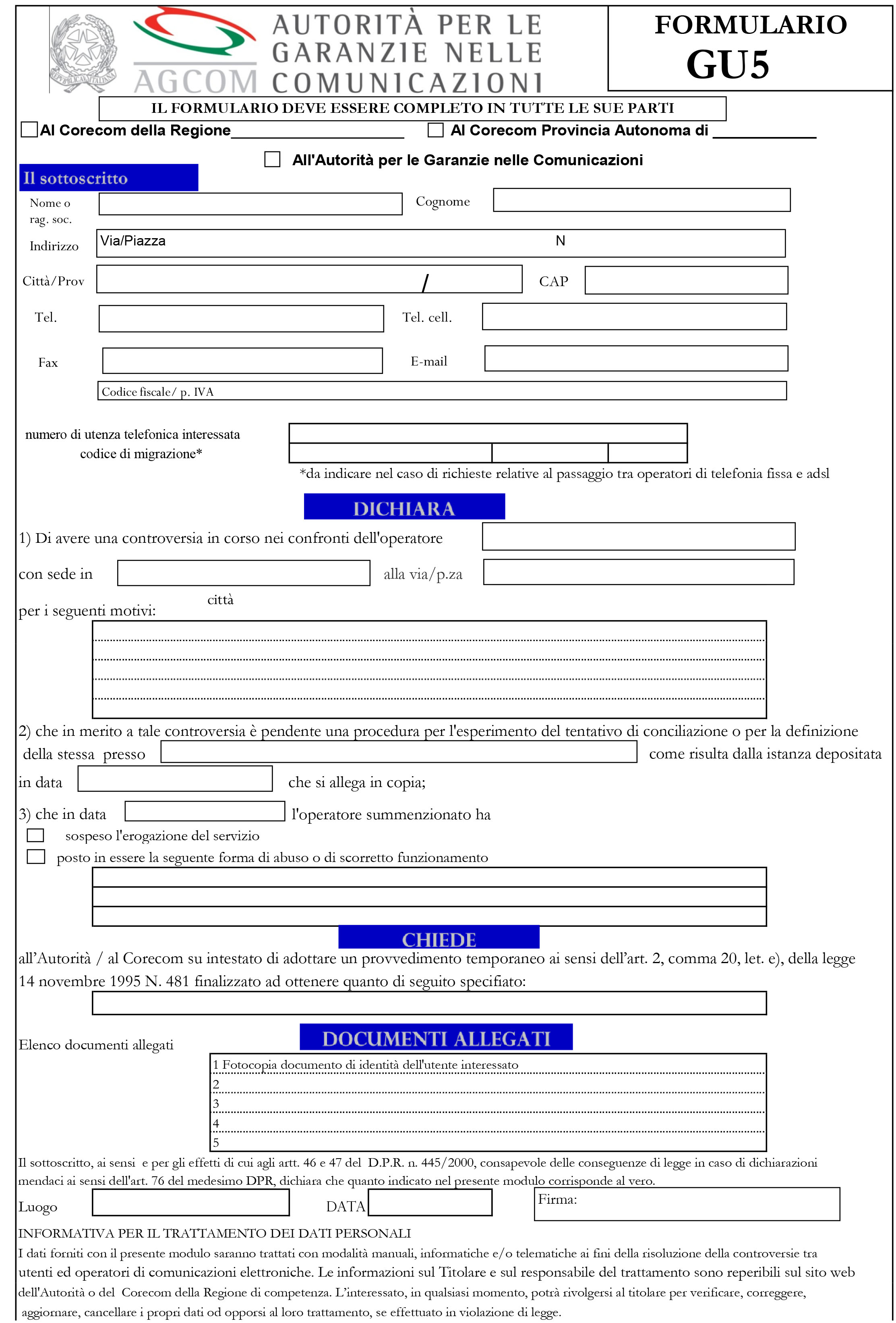 MODULO CORECOM DA COMPILARE E SPEDIRE